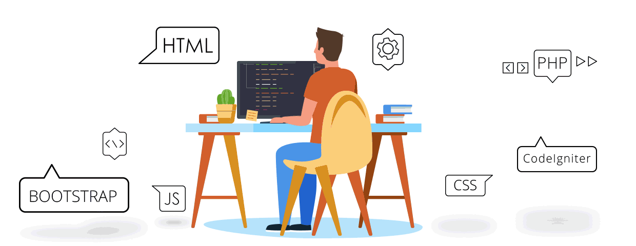 Animation of a full stack web developer working