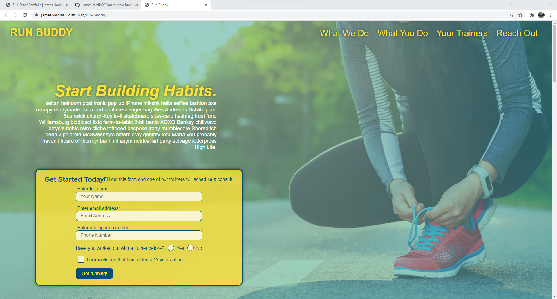 front page of the Run Buddy wedpage